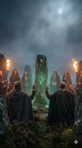 Illustrazione generata da Suno per Mionnan Fhala an Dhragaín Uaine